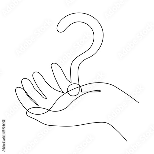 Hand holds question mark one line art, hand drawn asking sign, idea continuous contour. Query FAQ concept, finding answer. Editable stroke. Isolated. Vector illustration