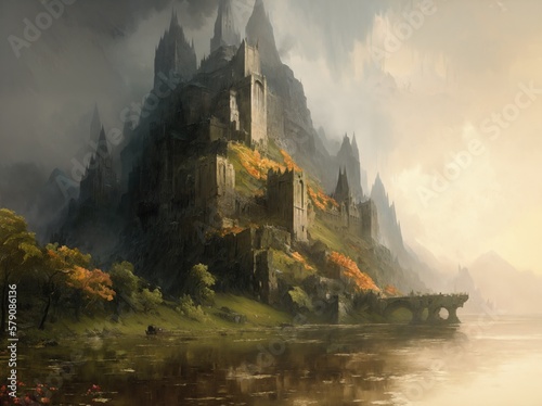 landscape oil painting of lake with medieval fantasy fortress in the mountains, generative art