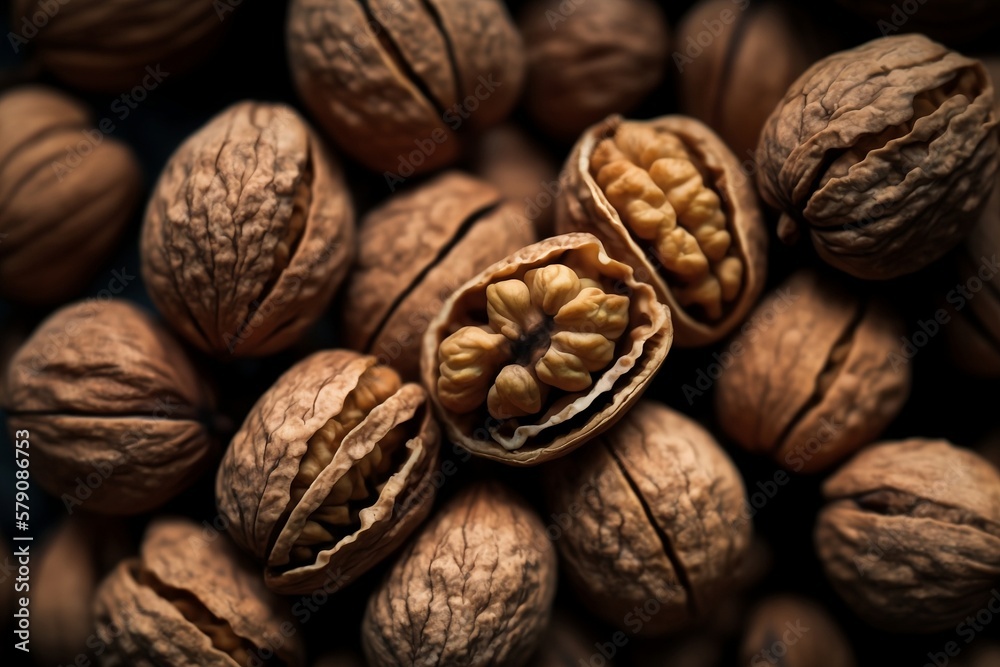 Nature's Nutty Delight: A Full-Frame Shot of Fresh Walnuts. Generative AI