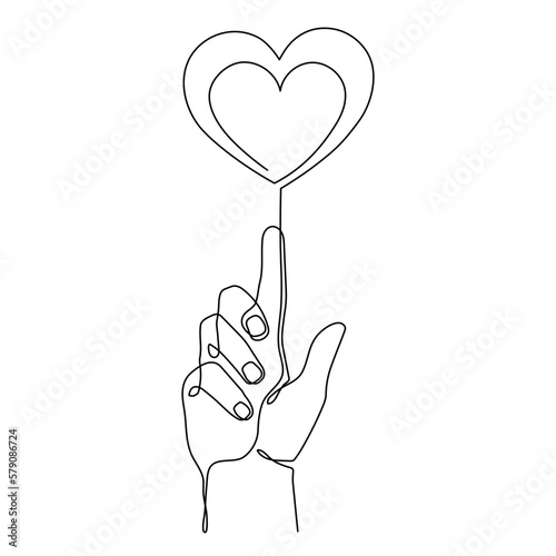 Hand with heart one line art,love concept continuous contour drawing,hand-drawn Valentine's day decoration.Romance, engagement and marriage symbol. Editable stroke.Isolated.Vector illustration