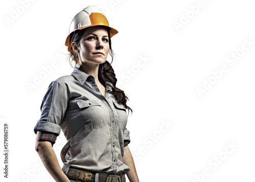 Portrait of a female construction worker wearing hard hat, studio shot, white background. Generative ai © ink drop
