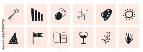 Hand drawn Abstract shapes, funny cute Comic characters. Big Set Vector illustartions. Cartoon style. Doodle hand drawn style. All elements are isolated. Square Posters, logo Templates