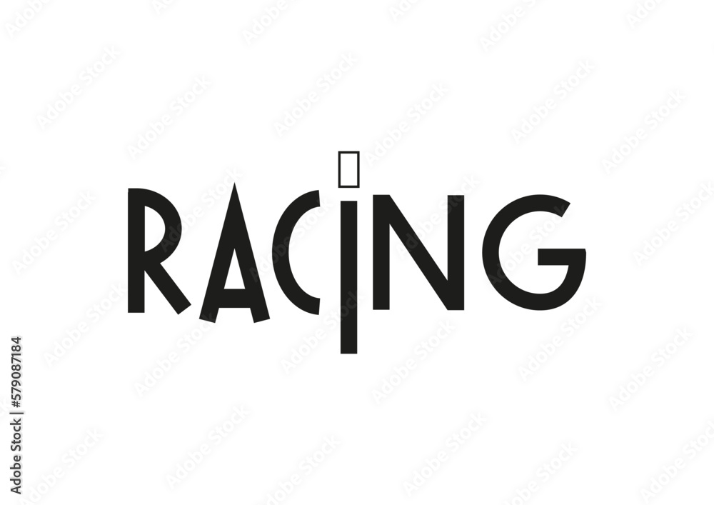 Lettering ofracing in black isolated on white background for poster, design, banner, sport club, resort, advertising, sport center, olympic games, sports shop, store, competition, tournament