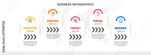 Vector infographic template with icons, arrows, and five steps or options. Can be used for workflow layout, diagrams, banners, and web design. Circle and rectangular simple illustration