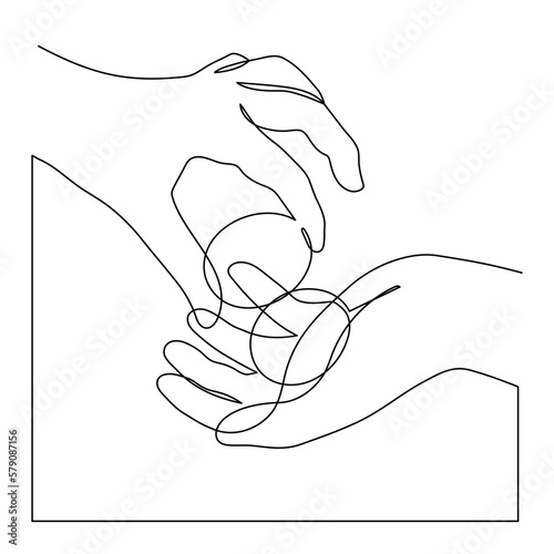 Hands click easter eggs one-line art,hand drawn palms continuous contour.Christian paschal traditional design,festive decoration.Editable stroke.Isolated.Vector illustration