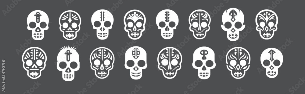 Sugar skulls Set Vector Illustration. Dia de los Muertos. Logo. Icon. Pictogram. Sugar skull. Tattoo. Deaths head.