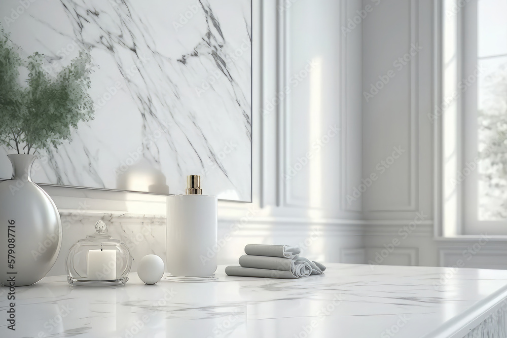 Create an oasis in your home with this serene white bathroom. Marble tabletop adds sophistication while the blurred background creates a sense of privacy. Generative AI Create an oasis in your home with this serene white bathroom. Marble tabletop adds sophistication while the blurred background creates a sense of privacy. Generative AI
