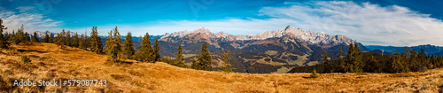 High resolution stitched alpine autumn or indian summmer panorama at Mount Rossbrand, Filzmoos, Salzburg, Austria