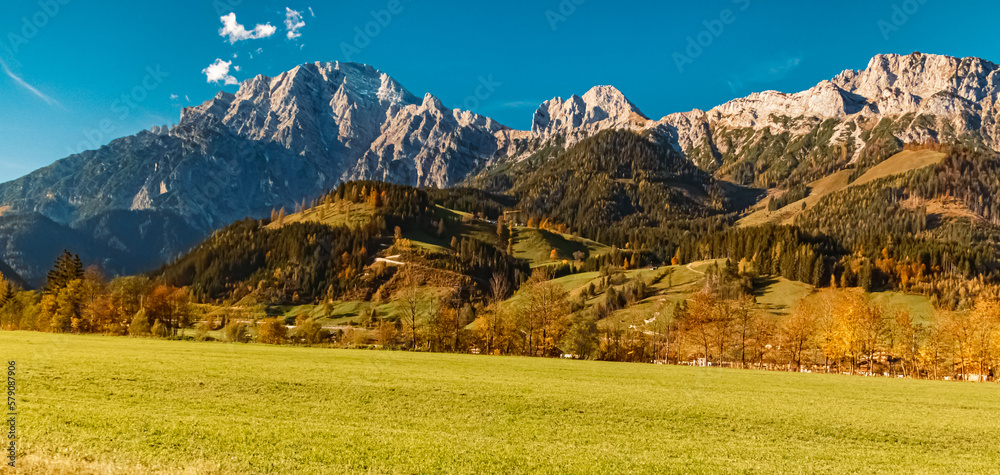 Alpine autumn or indian summer view with the Leoganger Steinberge mountains near Saalfelden am Steinernen Meer, Salzburg, Austria Alpine autumn or indian summer view with the Leoganger Steinberge mountains near Saalfelden am Steinernen Meer, Salzburg, Austria