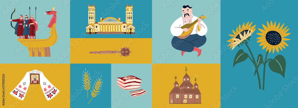 Ukrainian collection with national symbols with sunflowers, lard, mace, kozak, wooden church, The Monument to the Founders of Kyiv. Stylish Banner for design.