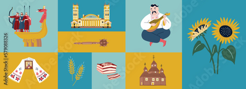 Ukrainian collection with national symbols with sunflowers, lard, mace, kozak, wooden church, The Monument to the Founders of Kyiv. Stylish Banner for design.