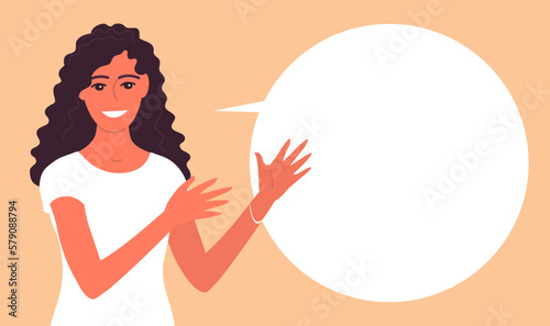 Young beautiful woman consultant talks and gesticulates. Talking bubble. A welcoming smile on your face. Makes a speech. Business girl. Flat vector illustration. Background with empty space for text