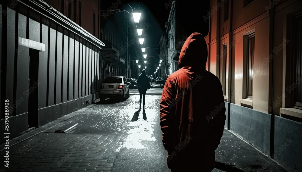 Robber in hood watches woman silhouette walking alone dark street ...