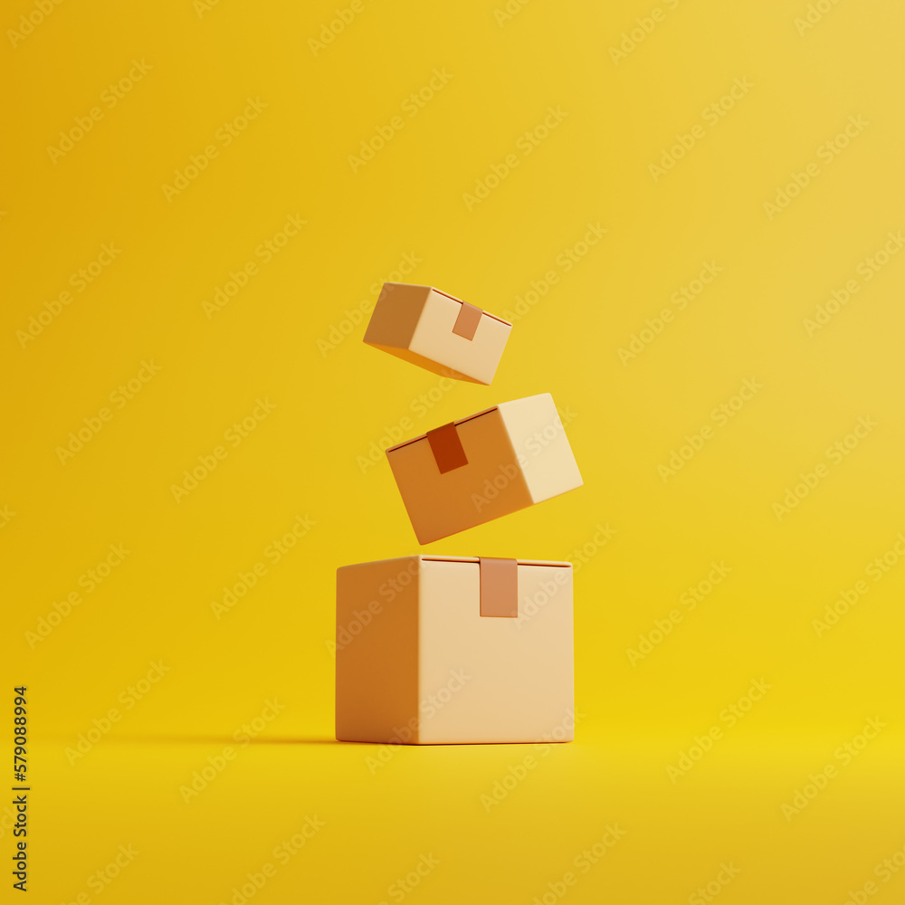 Obraz premium Three brown cardboard boxes float on a yellow background. The concept of transportation and delivery. 3d render illustration