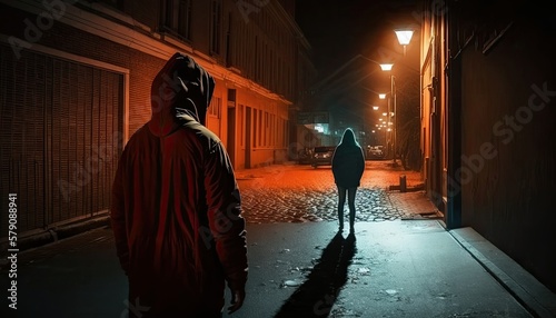 Fotografia, Obraz Robber in hood watches woman silhouette walking alone dark street, suspicious man hunts for female single victim on deserted street