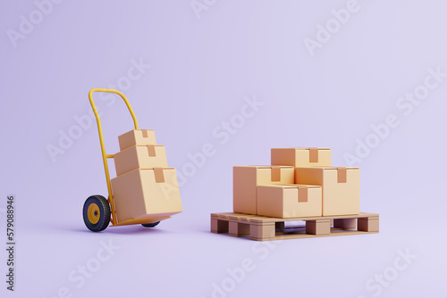 Brown cardboard boxes are stacked on a pallet with hand truck on a pastel lilac background. Transportation and delivery concept. 3d render illustration