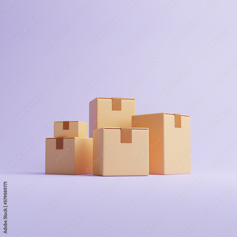 Group of brown cardboard boxes on a pastel lilac background. Side view. The concept of transportation and delivery. 3d render illustration