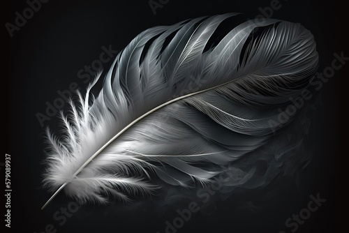 Gray feather on black background. Generative AI