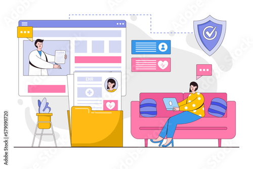 Electronic health record and online medical services concept. Female people having online consultations with specialists and doctor reading patient EMRs. Minimal vector illustration for landing page