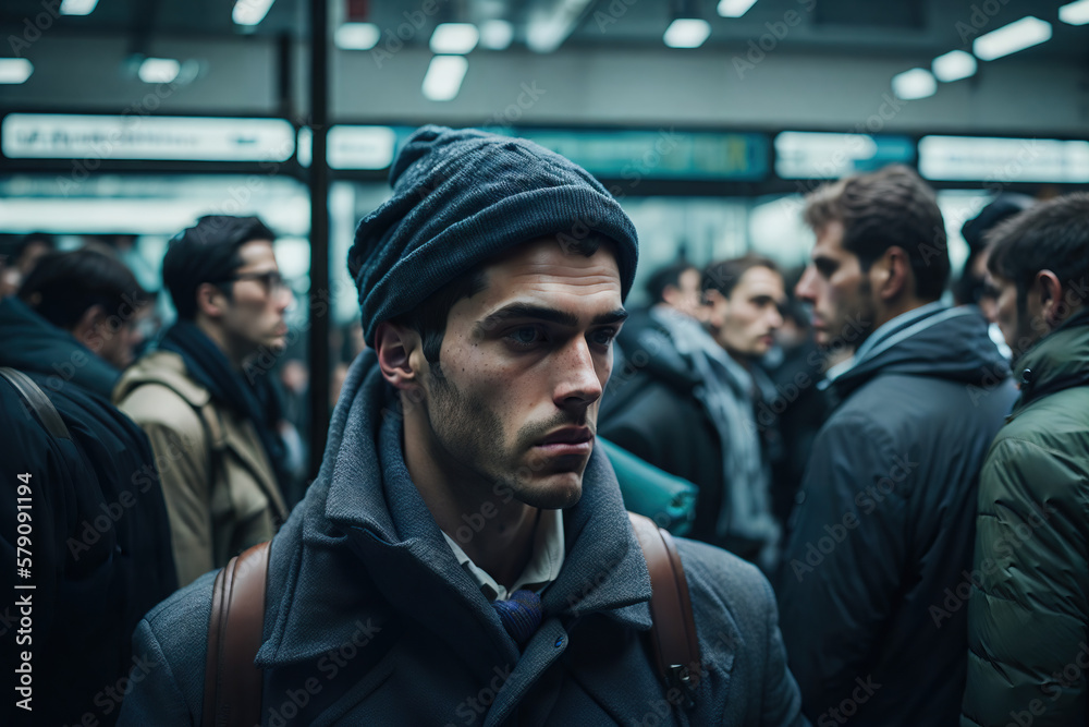 Young Man's Commute Through a Crowded and Dreary Subway Station Generative AI Photo Young Man's Commute Through a Crowded and Dreary Subway Station Generative AI Photo