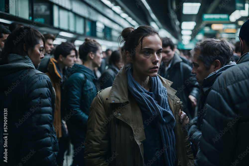 A Young Woman in a Busy and Gloomy Subway Station Generative AI Photo A Young Woman in a Busy and Gloomy Subway Station Generative AI Photo