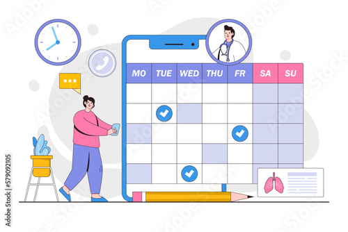 Patient scheduling meeting concept with doctor online cartoon character. Woman making appointment with therapist via smartphone telehealth application. Minimal vector illustration for landing page