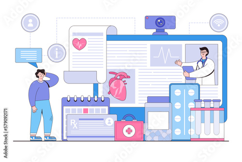 Telemedicine, online doctor, medical and healthcare service online for patients concept. Consultation by internet with doctor. Outline design style minimal vector illustration for landing page