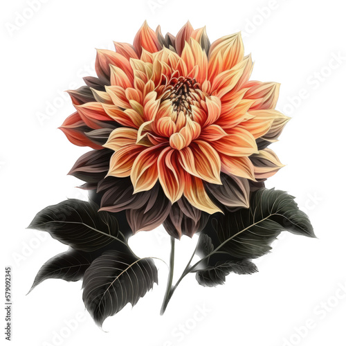  isolated orange color dahlia flower photo, spring, illustration, transparent background, png, generative ai, botanical drawing