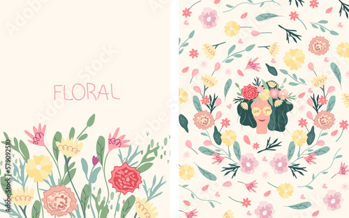 Bright illustrations with a woman, flowers and leaves in a circle. Spring happy woman. Happy mother's day. Ideal for greeting cards, cards, banners, posters. Vector graphics.