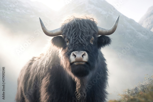Portrait of wild yak standing on top of Himalayan mountains, cloud landscape, thick white clouds, sunny day. Generative AI © All Creative Lines