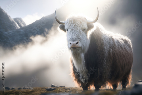 Wild yak standing on top of Himalayan mountains, cloud landscape, thick white clouds, sunny day. Generative AI