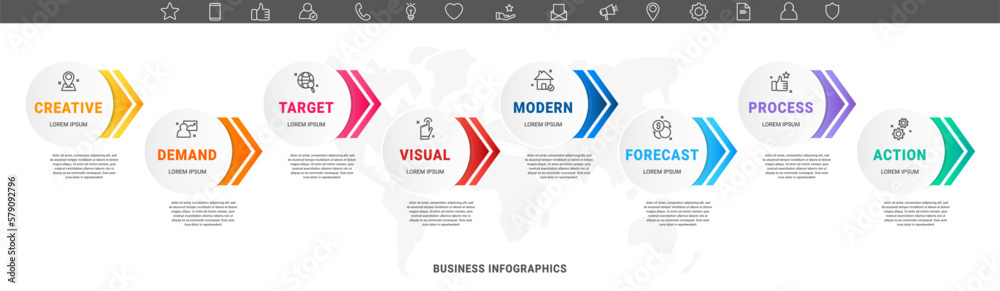 Vector modern infographic with 8 circles and arrows. 3D concept graphic process template with eight steps and icons. Timeline for the business project on white background Vector modern infographic with 8 circles and arrows. 3D concept graphic process template with eight steps and icons. Timeline for the business project on white background