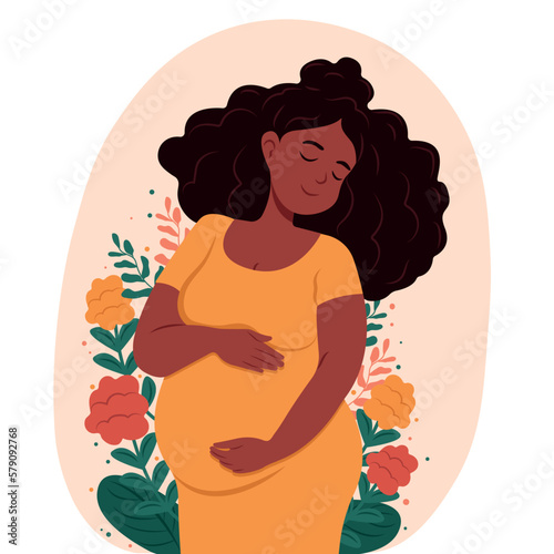 Beautiful pregnant black woman hugs her belly. Healthy pregnancy.Vector flat illustration.