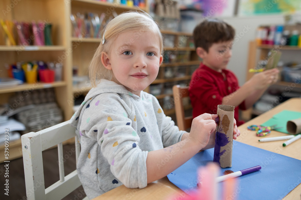 Students Creating Things Preschool boy and girl making art and craft projects in classroom Stock ...