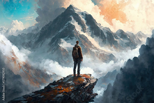 a person standing on top of a mountain looking at the mountains, generative AI