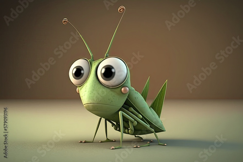 Fényképezés Cute Cartoon Grasshopper Character (Created with Generative AI)
