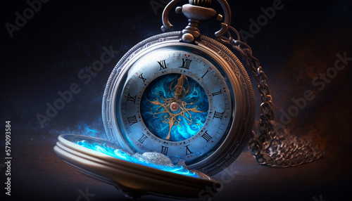 Chronometric Portal: Mystically Glowing Pocket Watch with Cosmic Swirls photo