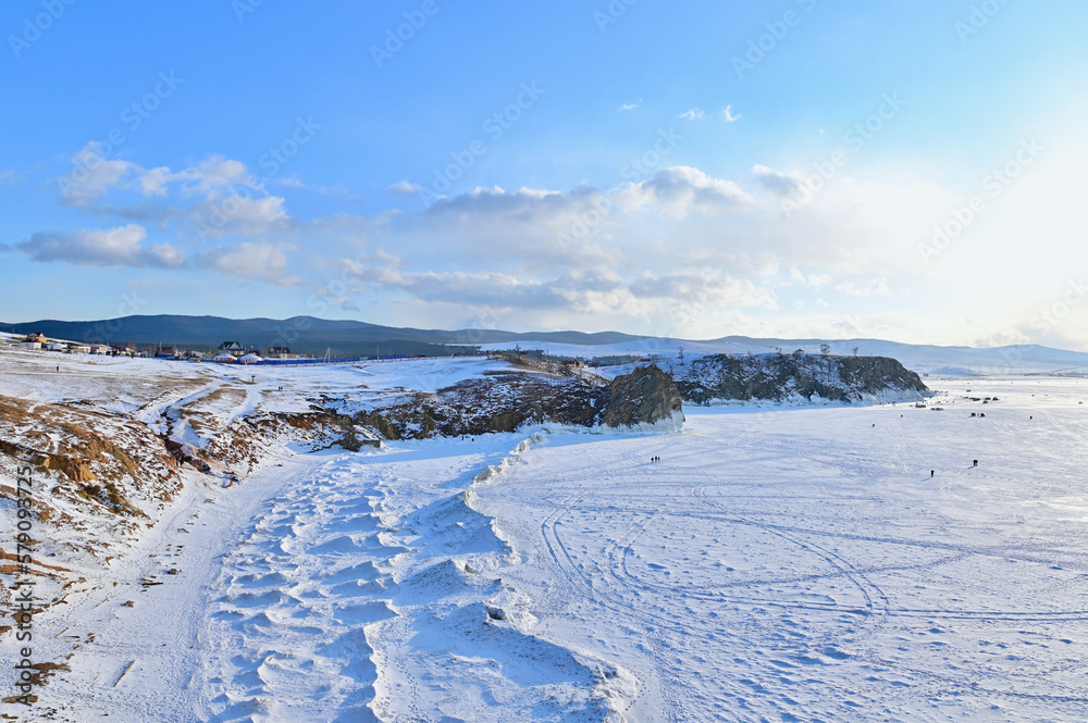 Winter View of Frozen Lake Baikal from Cape Burkhan or Shaman Rock on Olkhon Island in Siberia
