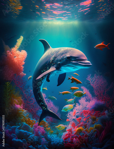 Wunderschöner Delphin schwimmt durch ein Korallenriff © Timo