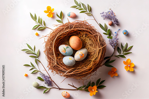 Surprising Happy Easter concept with easter eggs in nest and spring flowers. Generative Ai