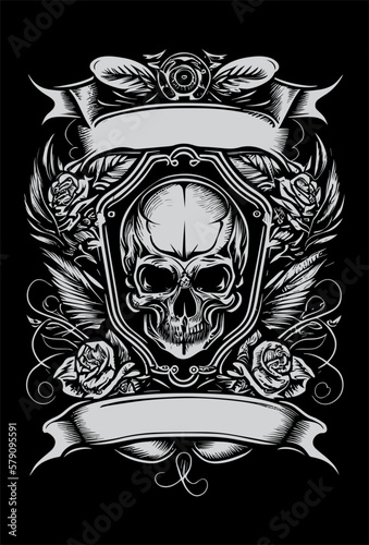 skull head heraldic banner black and white hand drawn illustration