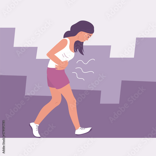 A young woman suffers from abdominal pain. Walks in a bent posture. Symptom of acute gastritis, diarrhea. Disease of the gastrointestinal tract. Flat vector illustration