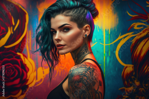 portrait of a beautiful tattooed woman on colorful background