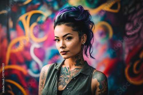 portrait of a beautiful tattooed woman on colorful background