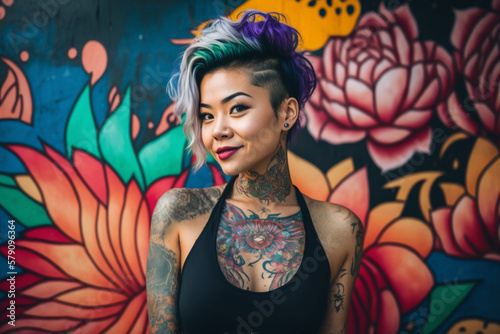 portrait of a beautiful tattooed woman on colorful background