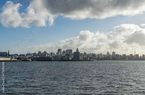 Cityscape of Montevideo in Uruguay approaching from the ocean in ship to dock in harbor