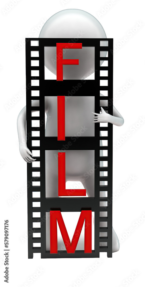 3d man holding film reel with film text in it concept