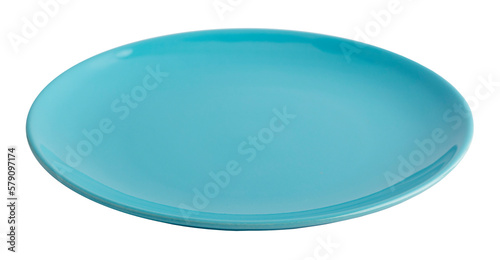 light blue empty plate on a white background. Isolated object on a transparent background