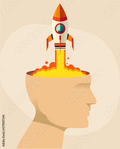 space rocket coming out of the silhouette of a human head, brilliant idea concept, business idea, mind-blowing, innovation concept