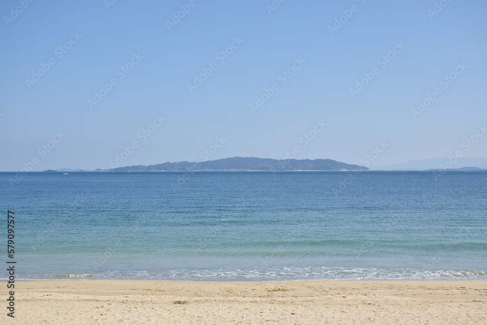 beach landscape at couple rock Meotoiwa for lover with white column on beach in Fukuoka Japan 